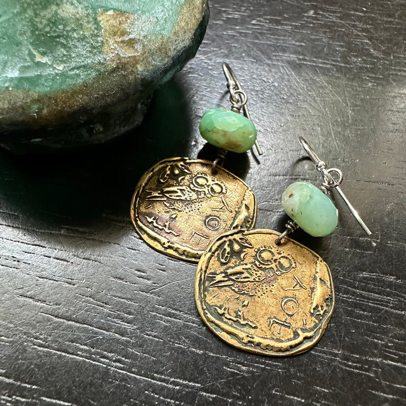 Ancient Athena's Owl Coin Earrings with Peruvian Opal Beads