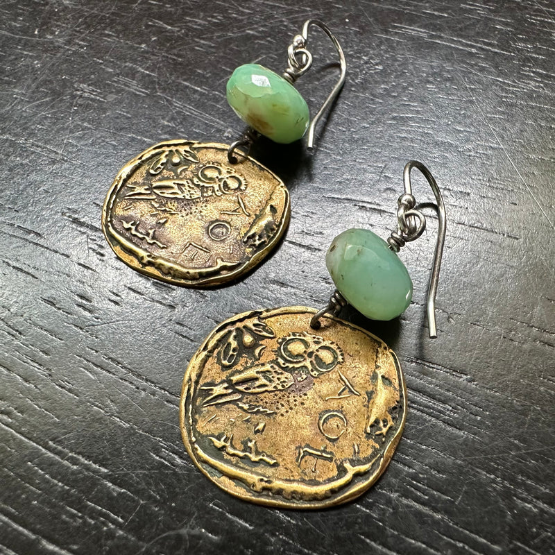 NEW! Ancient Athena's Owl BRASS Coins with PERUVIAN OPAL BEADS EARRINGS