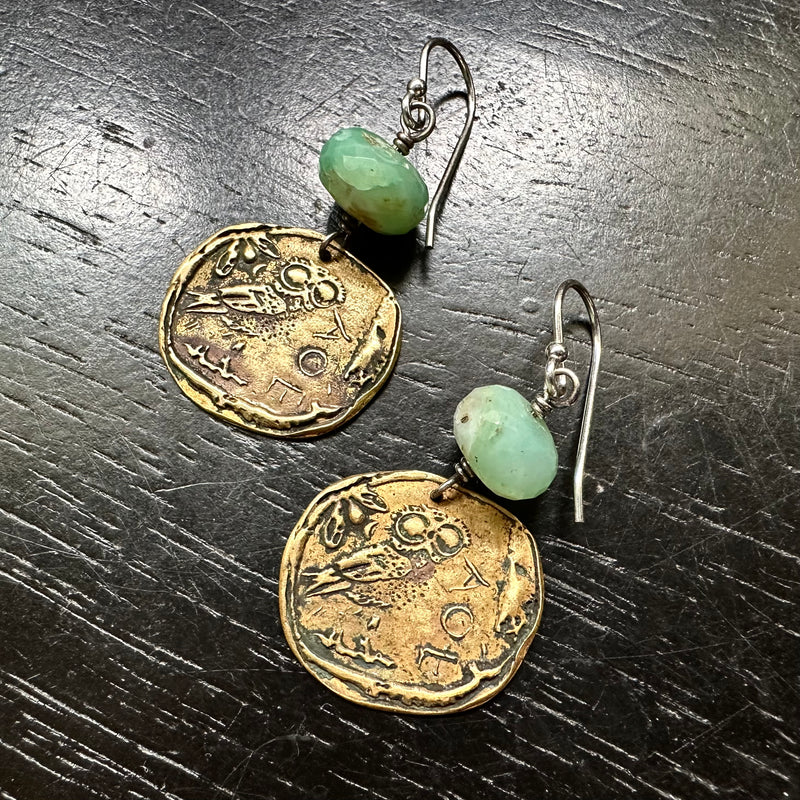 NEW! Ancient Athena's Owl BRASS Coins with PERUVIAN OPAL BEADS EARRINGS