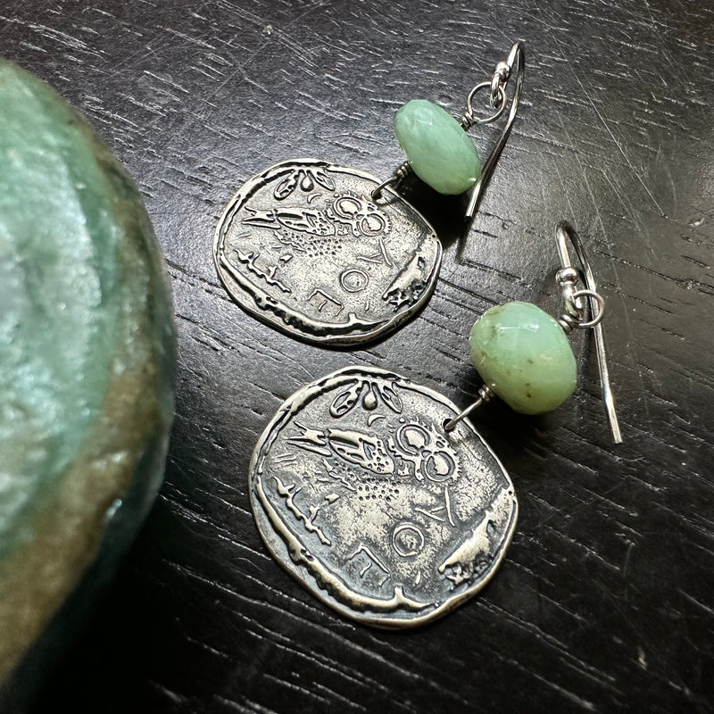 NEW! Ancient Athena's Owl SILVER Coins with PERUVIAN OPAL BEADS EARRINGS