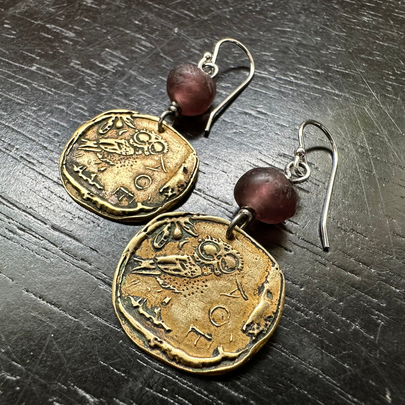 Ancient Athena's Owl Brass Coin Earrings with Plum Glass Beads