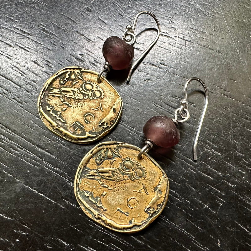 Ancient Athena's Owl Brass Coin Earrings with Plum Glass Beads