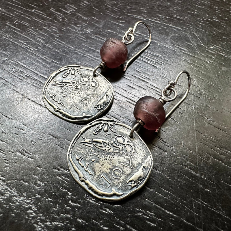 Ancient Athena's Owl Coin Earrings with Plum Glass Beads