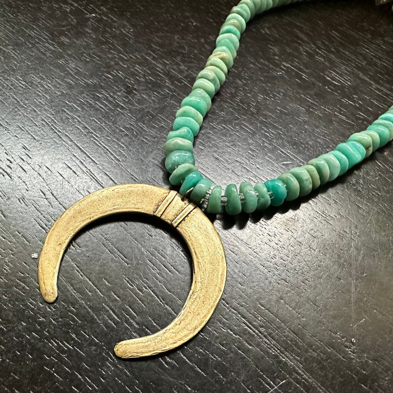 LAST ONE! Moon Tusk Pendant, Oxidized Brass on PERUVIAN AMAZONITE + Silver Bead Strand! OOAK!