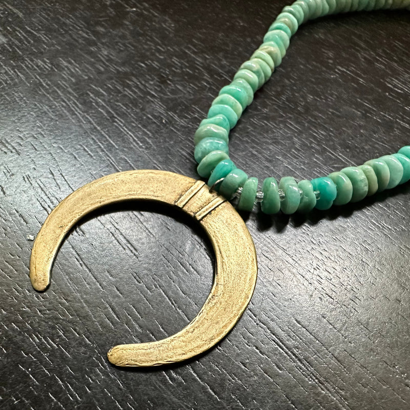 LAST ONE! Moon Tusk Pendant, Oxidized Brass on PERUVIAN AMAZONITE + Silver Bead Strand! OOAK!
