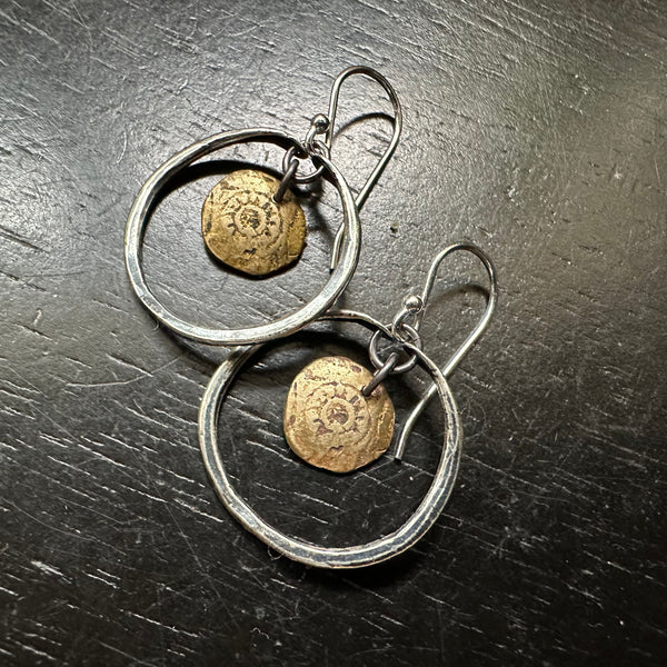 Ancient Sun Hoops: Tiny Silver Hoops with Brass Suns