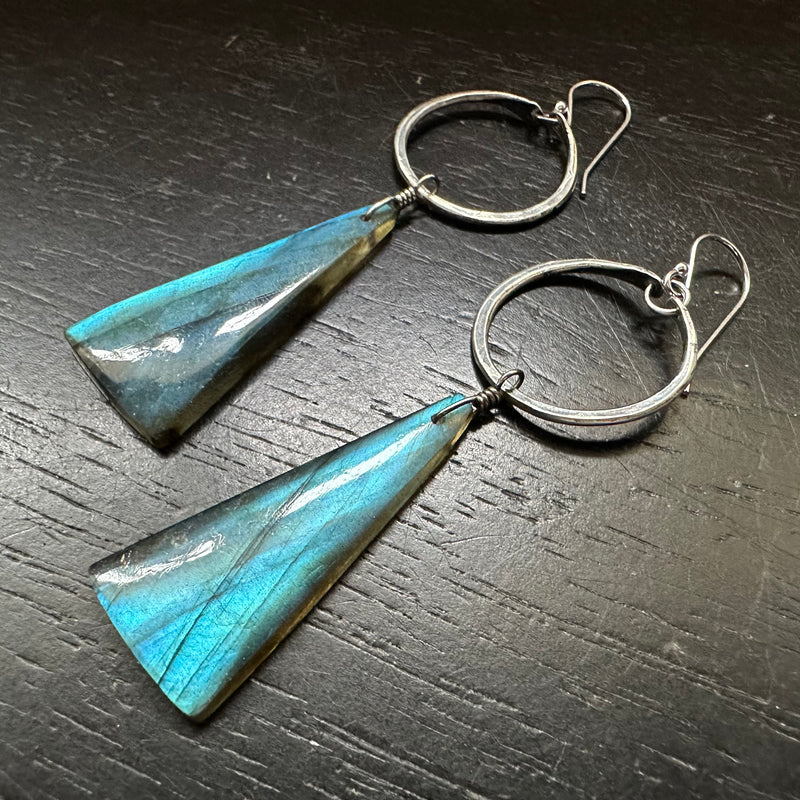 NEW FOR 2025! #5 Super-Blue Triangular Labradorite dangles Tiny Silver Hoops, OOAK #5