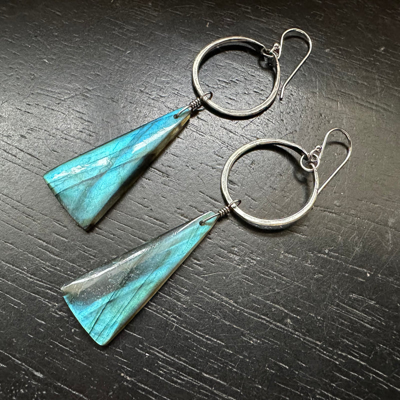 NEW FOR 2025! #5 Super-Blue Triangular Labradorite dangles Tiny Silver Hoops, OOAK #5