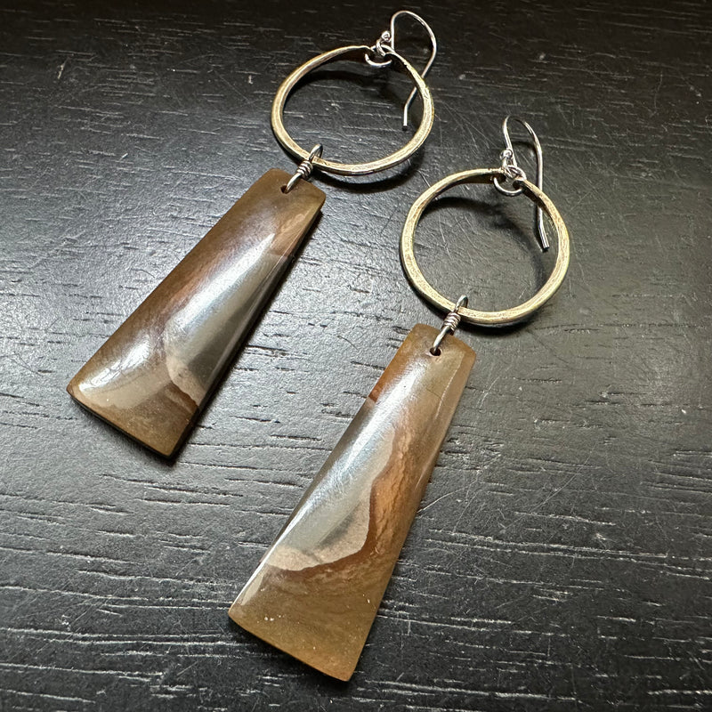 NEW FOR 2025! #4 Bookmatched Polychrome "Geodic" Jasper dangles Tiny Brass Hoops, OOAK #4