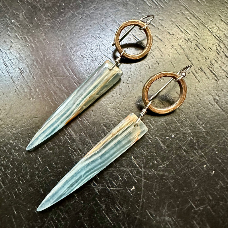 NEW! #1 RARE Bookmatched LEMURIAN AQUATINE BLUE Spear dangles, Brass Forged Rings OOAK #1