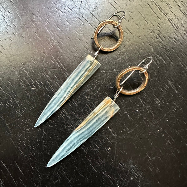 NEW! #1 RARE Bookmatched LEMURIAN AQUATINE BLUE Spear dangles, Brass Forged Rings OOAK #1