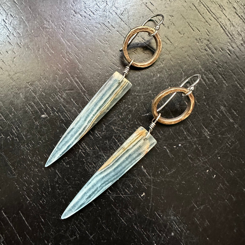 NEW! #1 RARE Bookmatched LEMURIAN AQUATINE BLUE Spear dangles, Brass Forged Rings OOAK #1