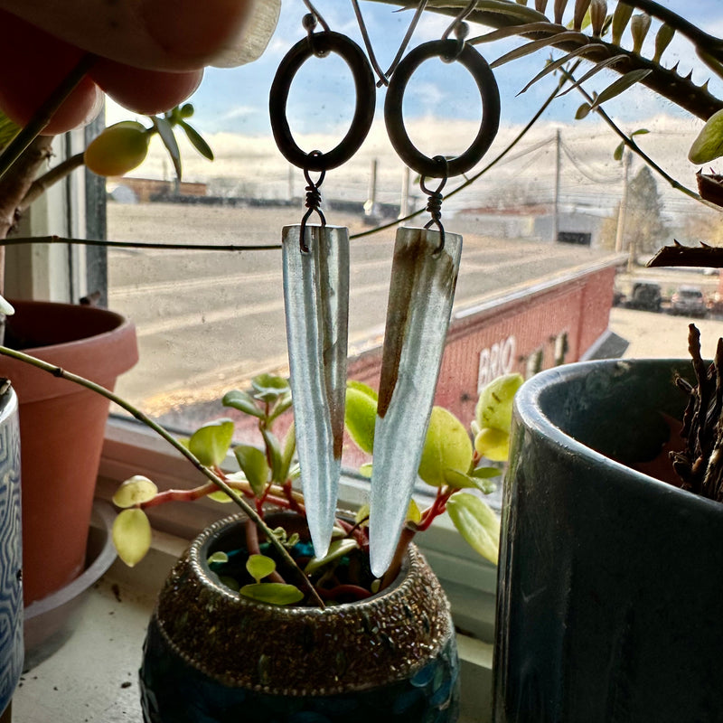 NEW! #1 RARE Bookmatched LEMURIAN AQUATINE BLUE Spear dangles, Brass Forged Rings OOAK #1