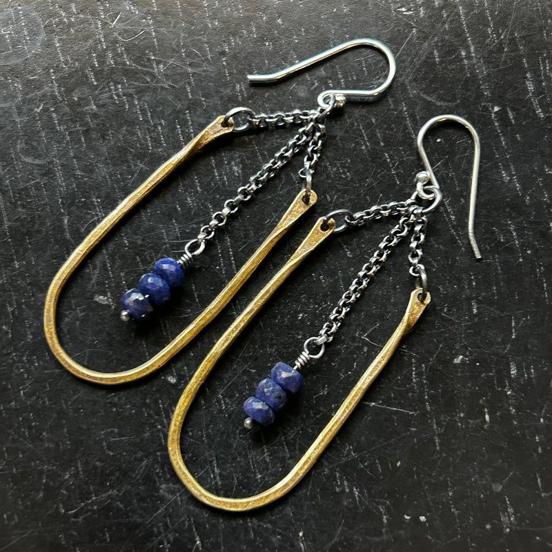SMALL HESTIA EARRINGS: BRASS with Faceted SAPPHIRES (SEPTEMBER BIRTHSTONE)