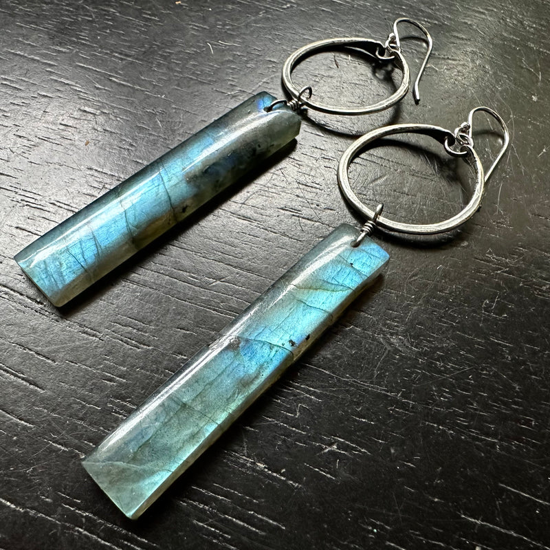 NEW FOR 2025! #3 Lengthy Labradorite soft blue/teal dangles, Tiny Silver Hoops, OOAK #3