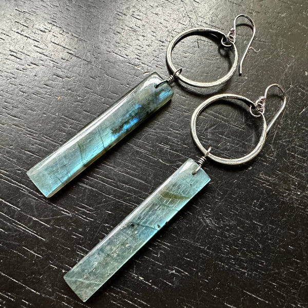 NEW FOR 2025! #3 Lengthy Labradorite soft blue/teal dangles, Tiny Silver Hoops, OOAK #3