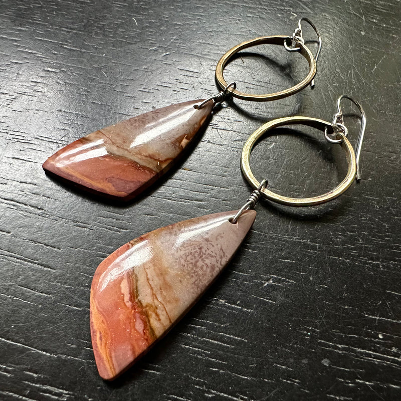 NEW FOR 2025! #8 Bookmatched Polychrome Desert Jasper dangles Tiny Brass Hoops, OOAK #8