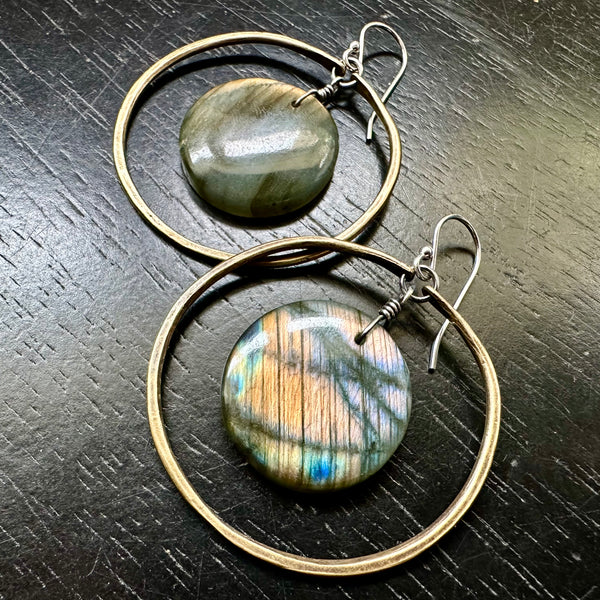 NEW FOR 2025! #10 Rainbow Round Labradorites in Medium Brass Hoops OOAK #10