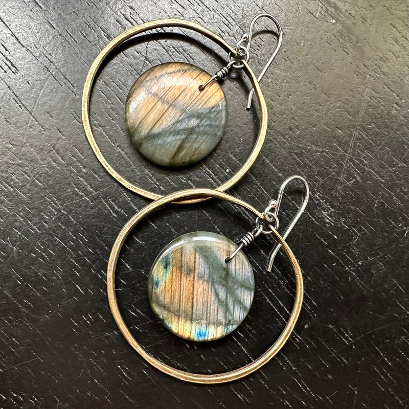 NEW FOR 2025! #10 Rainbow Round Labradorites in Medium Brass Hoops OOAK #10