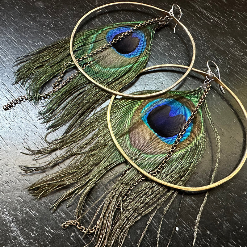 HERA GODDESS Feather Earrings: XL Brass Hoops, Standard Peacock Feathers