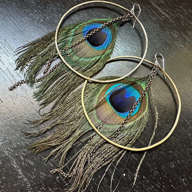 HERA GODDESS Feather Earrings: XL Brass Hoops, Standard Peacock Feathers