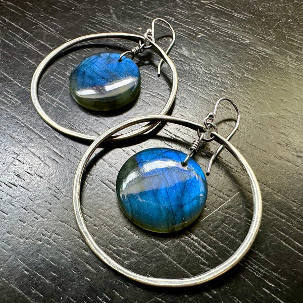 NEW FOR 2025! #9 SUPER-BLUE Round Labradorites in Medium Silver Hoops OOAK #9