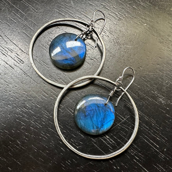 NEW FOR 2025! #9 SUPER-BLUE Round Labradorites in Medium Silver Hoops OOAK #9