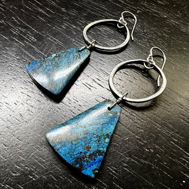 NEW FOR 2025! #12 Azurite "Stone of Heaven" Trapezoidal dangles Tiny SILVER Hoops OOAK #12