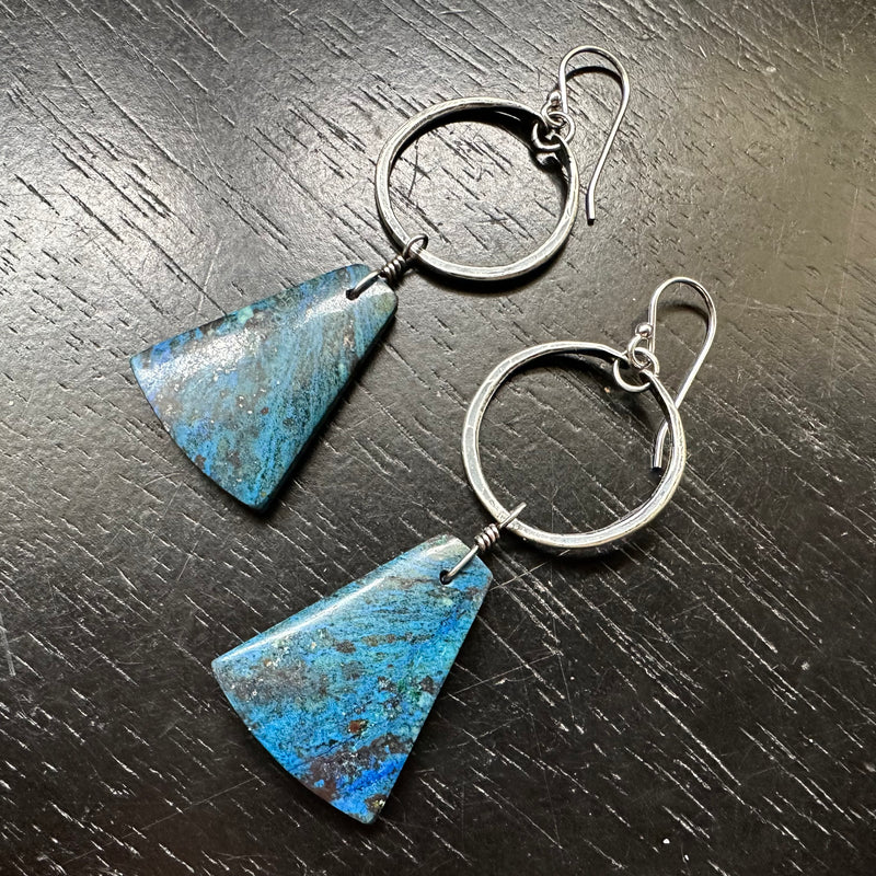 NEW FOR 2025! #12 Azurite "Stone of Heaven" Trapezoidal dangles Tiny SILVER Hoops OOAK #12