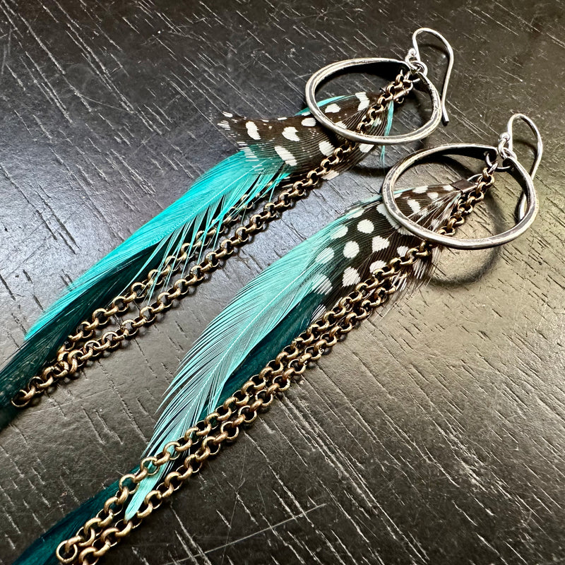 2025 FEATHERS! #1 TINY Silver Hoops, BRIGHT TEAL Base/Mid, Polka Dot Accents, Brass Chains! OOAK#1