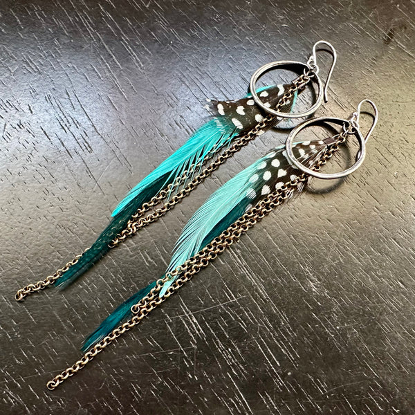 2025 FEATHERS! #1 TINY Silver Hoops, BRIGHT TEAL Base/Mid, Polka Dot Accents, Brass Chains! OOAK#1