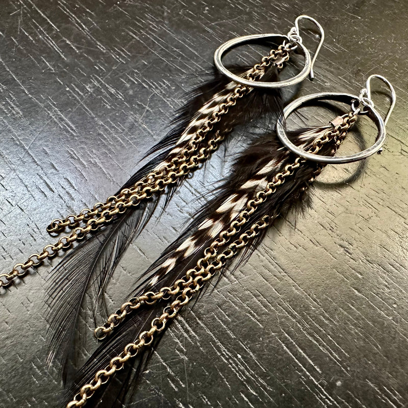 2025 FEATHERS! #4 TINY Sterling Silver Hoops, Black base, Striped Accent Feathers Brass Chains! OOAK#4