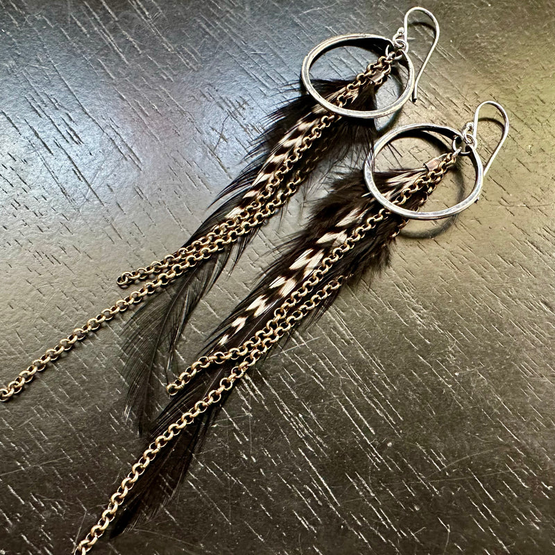 2025 FEATHERS! #4 TINY Sterling Silver Hoops, Black base, Striped Accent Feathers Brass Chains! OOAK#4