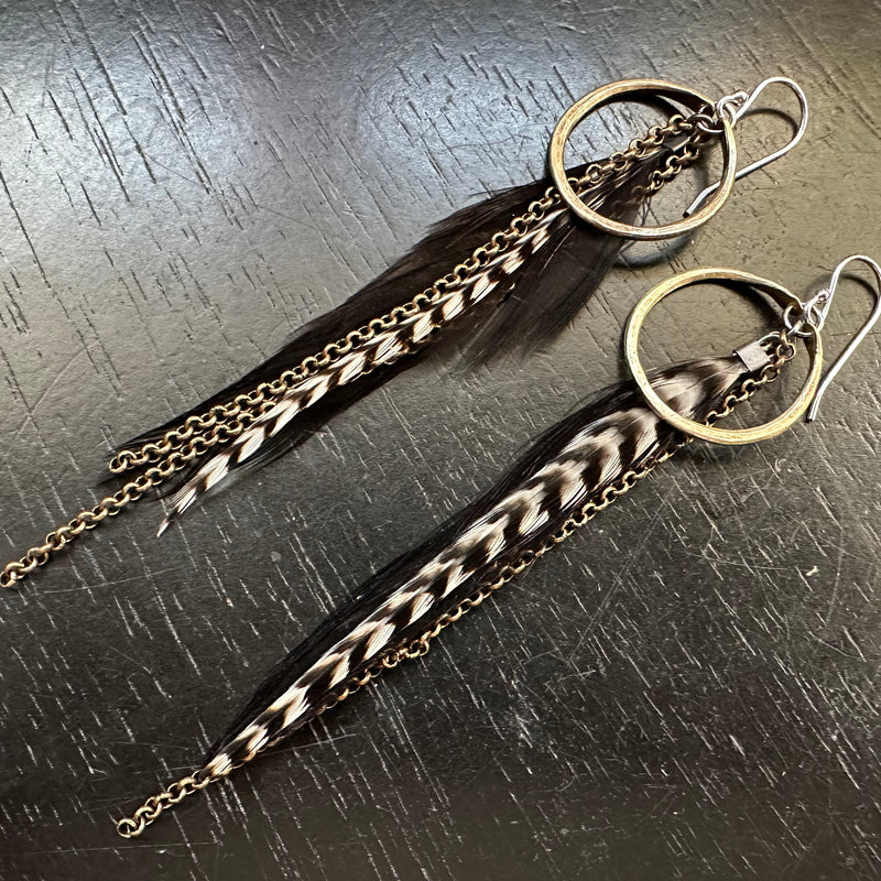 2025 FEATHERS! #5 TINY Brass Hoops, Black base, Striped Accent Feathers Brass Chains! OOAK#5