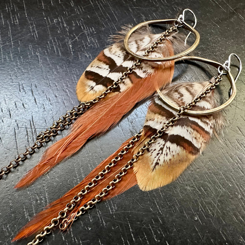 2025 FEATHERS! #7 SMALL Brass Hoops, Tan/White/ Brown Feather Accents, Brass Chains! OOAK#7