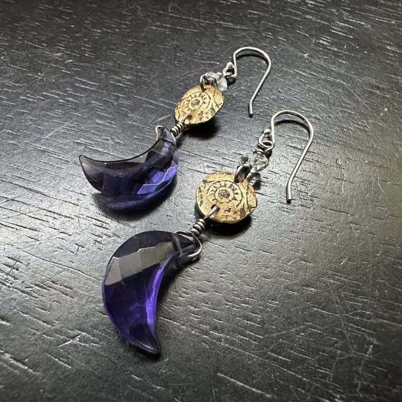 Ancient Sun Brass Earrings with Faceted, DEEP PURPLE Amethyst Crescent Moons