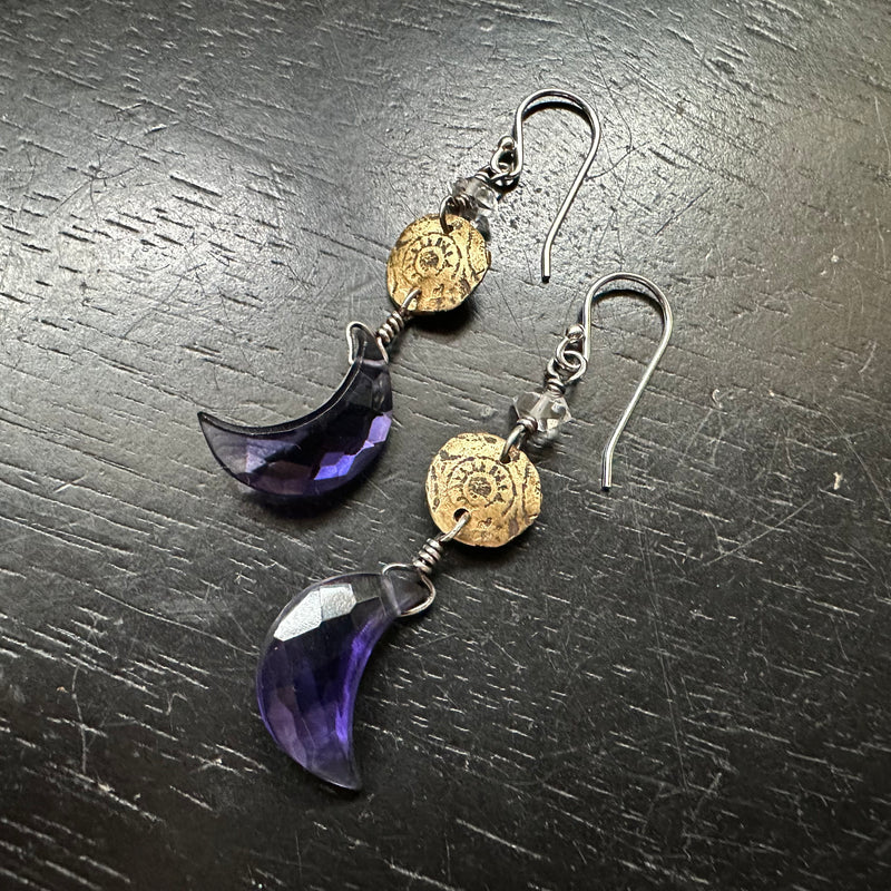 Ancient Sun Brass Earrings with Faceted, DEEP PURPLE Amethyst Crescent Moons