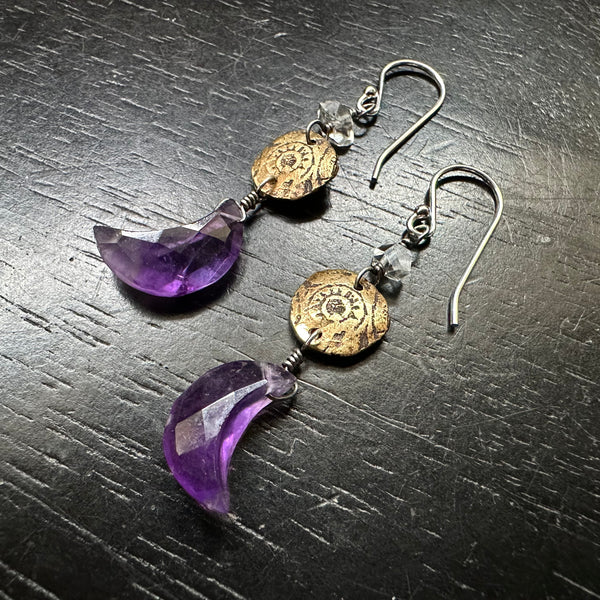 Ancient Sun Brass Earrings with Faceted, DEEP PURPLE Amethyst Crescent Moons