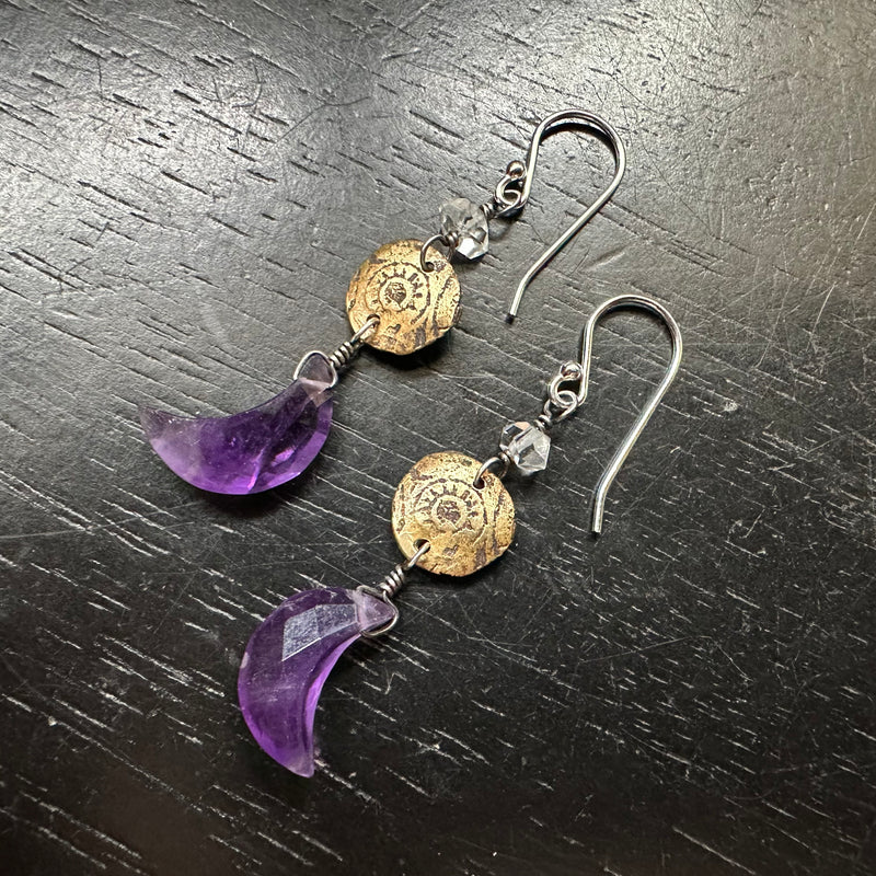 Ancient Sun Brass Earrings with Faceted, DEEP PURPLE Amethyst Crescent Moons