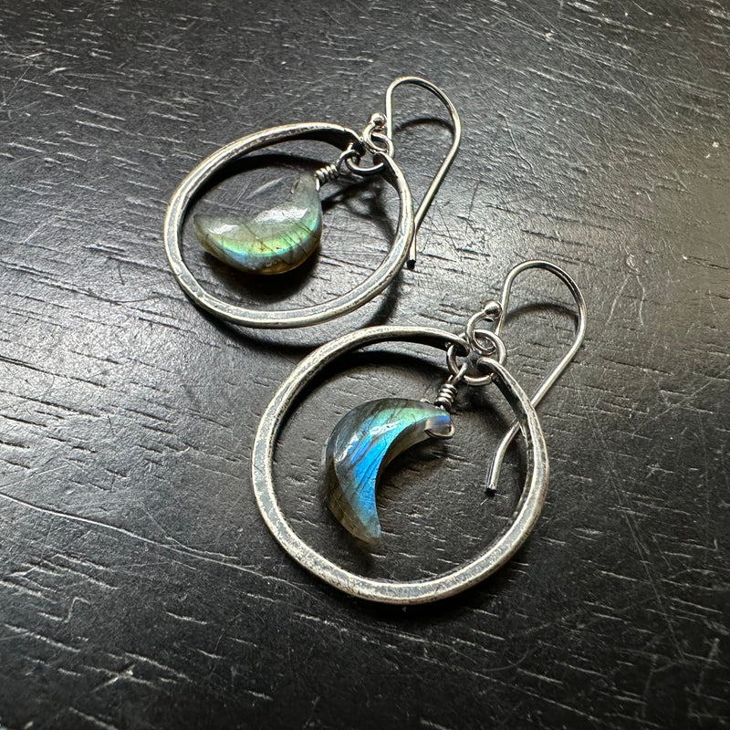 Tiny Silver Hoops with Smooth Labradorite Crescent moons!