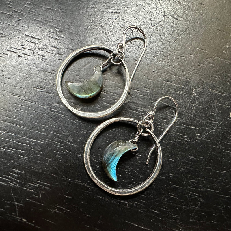 Tiny Silver Hoops with Smooth Labradorite Crescent moons!