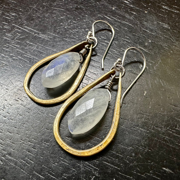 Faceted Rainbow Moonstone Earrings with Gold Teardrops