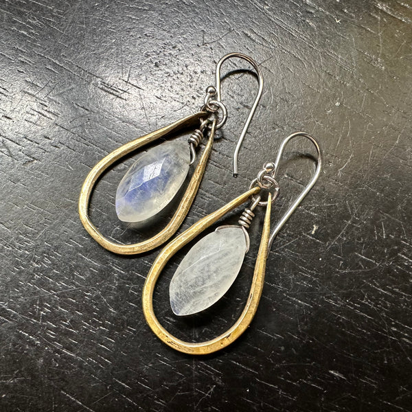 Faceted Rainbow Moonstone Earrings with Gold Teardrops