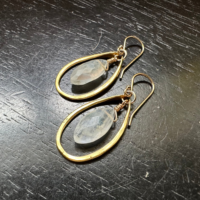 LIMITED BATCH! FACETED OVALOID MOONSTONES in GOLD Teardrop Hoops GOLD VERMEIL