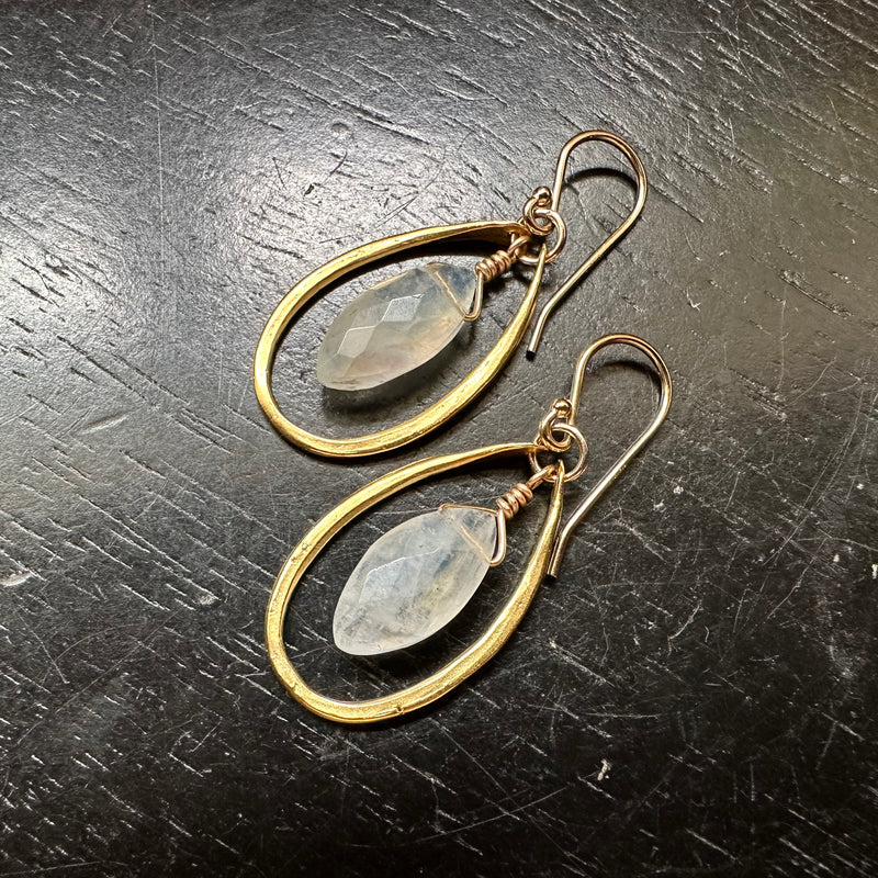 LIMITED BATCH! FACETED OVALOID MOONSTONES in GOLD Teardrop Hoops GOLD VERMEIL
