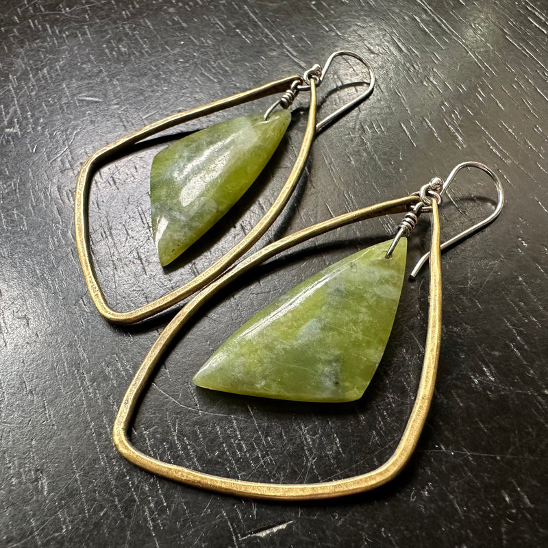 GREEN JADE TRIANGLES Smooth Stones in MEDIUM BRASS Triangular HOOPS! OOAK #11