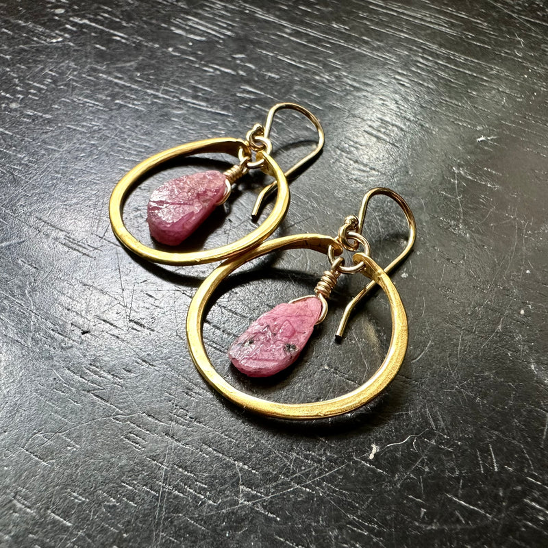 Tiny GOLD Hoops with Raw Ruby (JULY BIRTHSTONE) GOLD VERMEIL