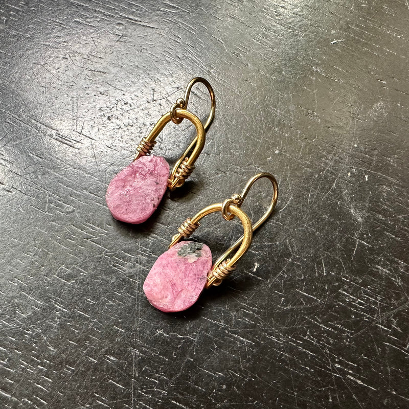 TINY GOLD Bails with Raw Ruby, Hand-Cut Teardrop Stone Earrings GOLD VERMEIL