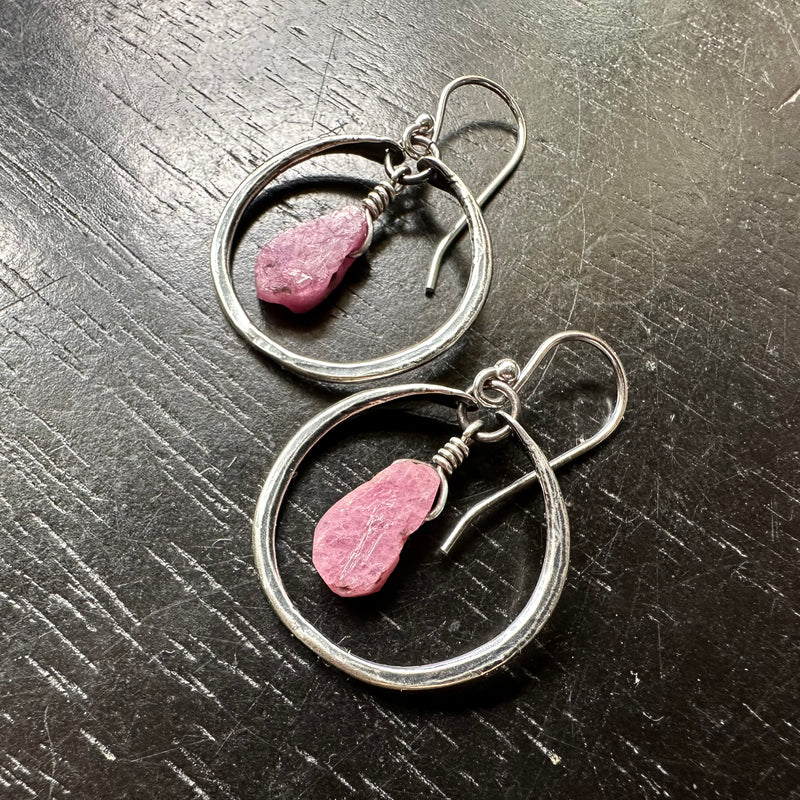 Tiny Silver Hoops with Raw Ruby (JULY BIRTHSTONE)