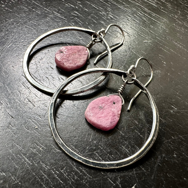 Small Silver Hoops with Raw Ruby (JULY BIRTHSTONE)